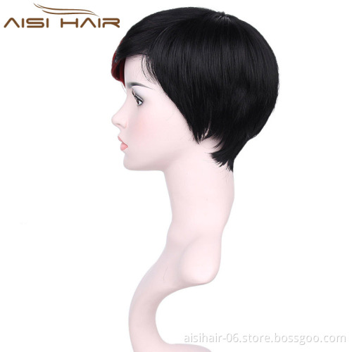 Short Pixie Cut Hair Wig High Temperature Synthetic Straight Wigs with Ombre Red Bangs For Women